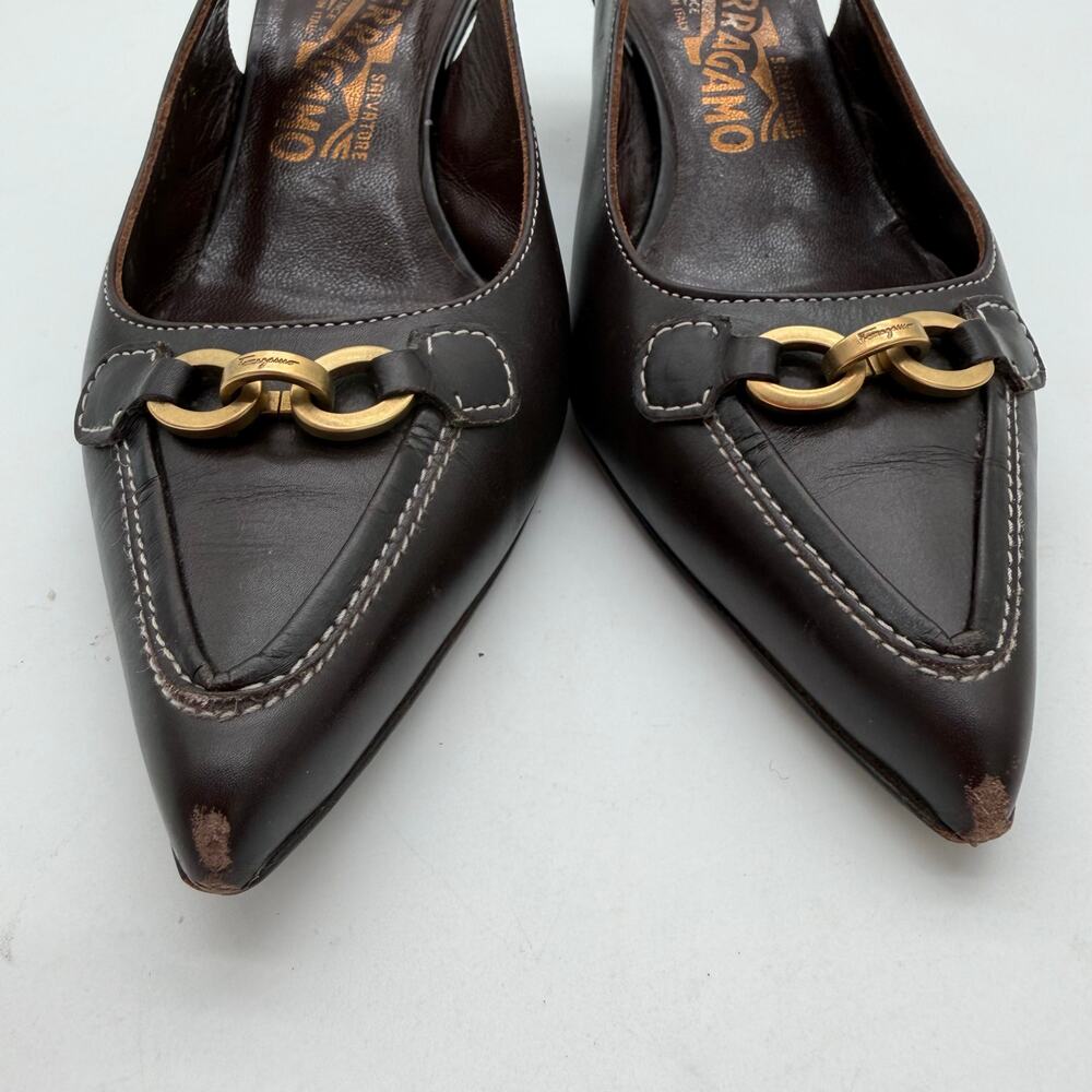 Salvatore Ferragamo Acribia Slingback Kitten Heels Chocolate Brown Gold 7.5 - Picture 6 of 8